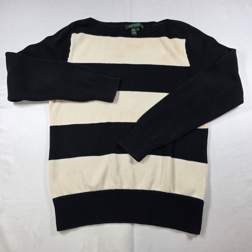 Lauren Ralph Lauren Womens XL Cotton Boat Neck Striped Sweater Navy Cream 0871